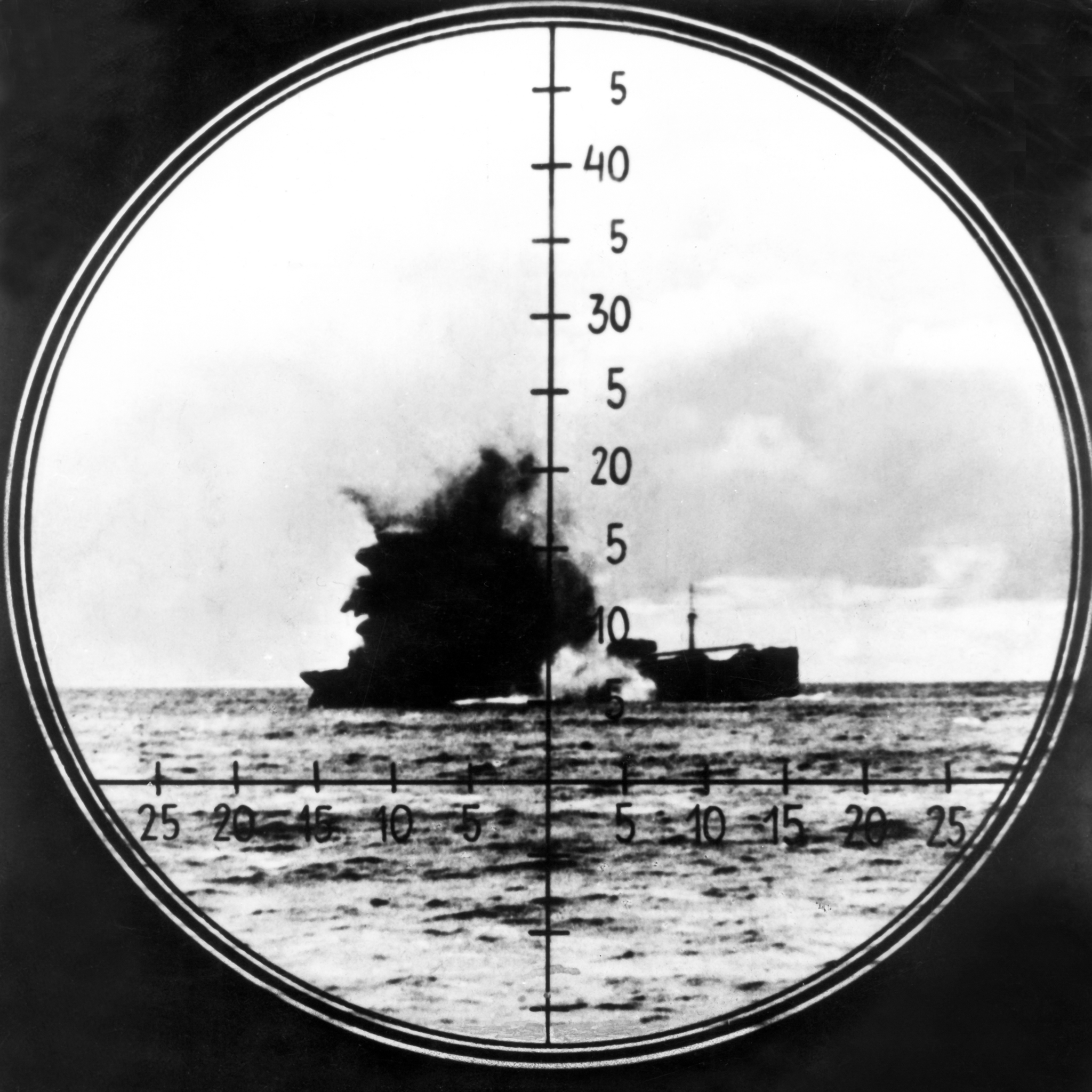 View through the periscope of a sinking enemy vessel hit by a U-boat torpedo.