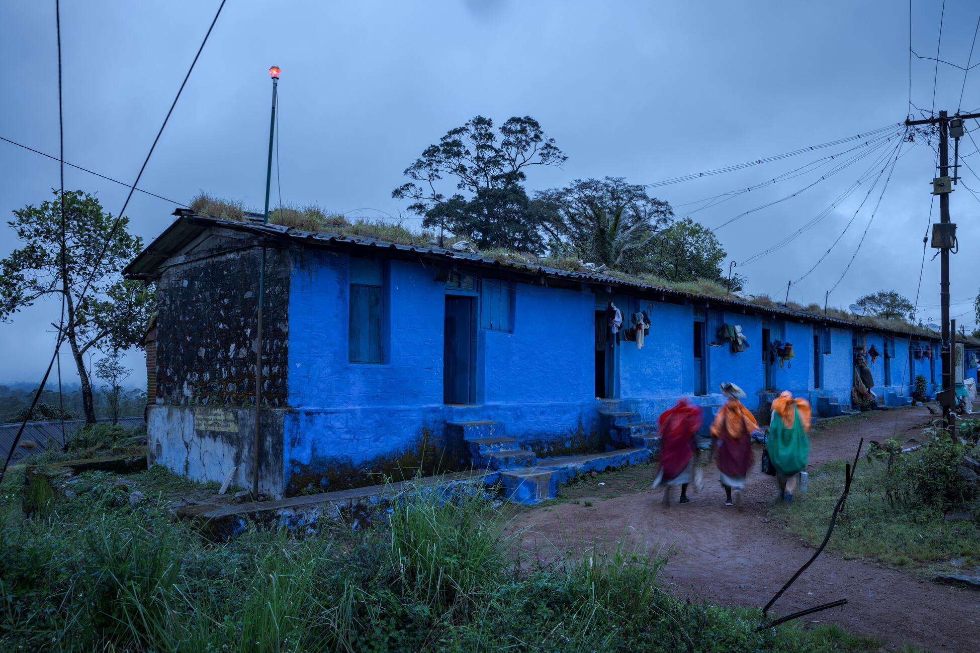 Picture of a blue house with a red light at the top and three people hurrying to get inside